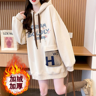 纯棉遮屁股中长新爆款口袋上衣春秋冬加绒连帽衫初高中学生卫衣女