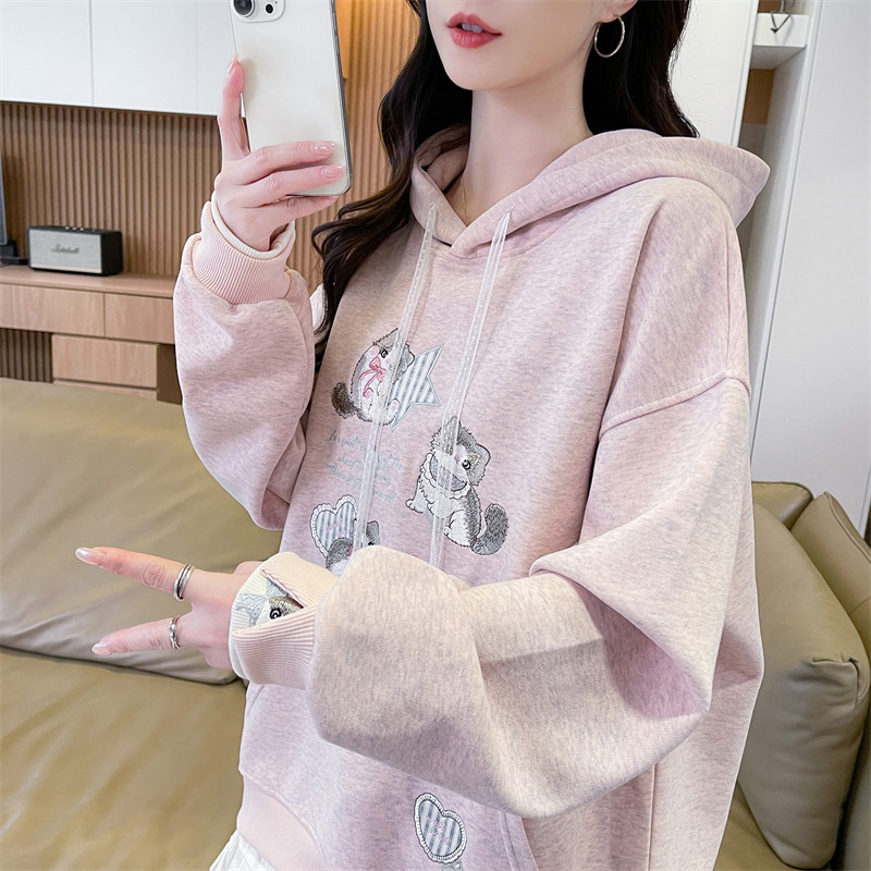 春秋新爆款连帽衫时尚洋气可外穿粉色卫衣女初高中学生潮流上衣服