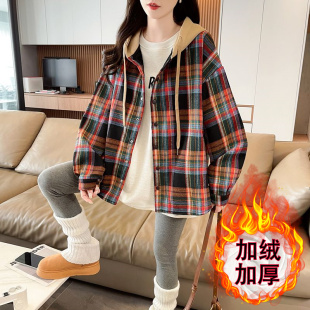 港风chic复古加厚连帽格子衬衫新爆款初高中学生加绒工装外套女冬