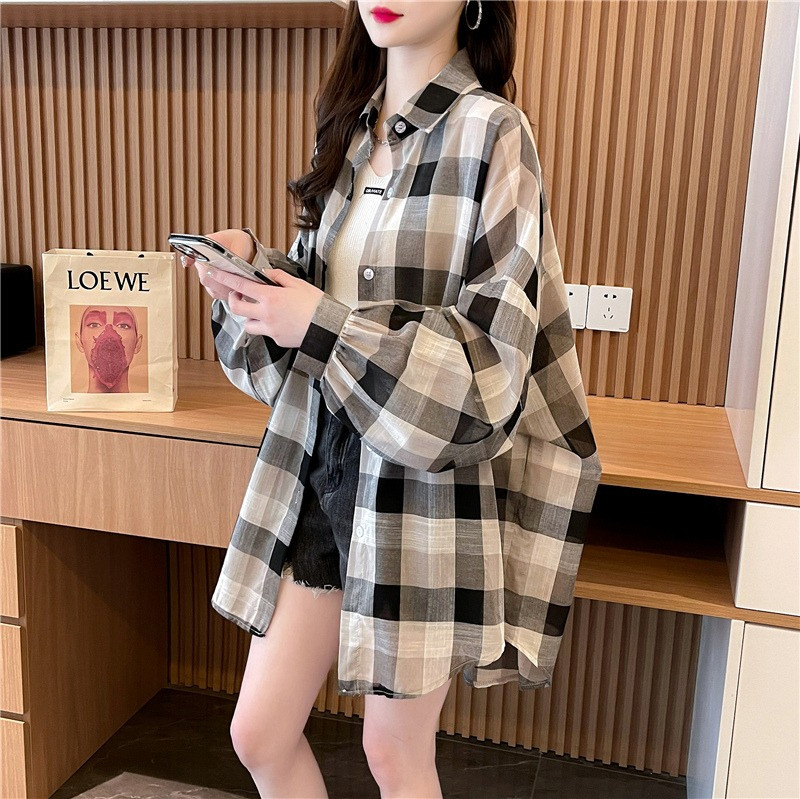 港味chic复古格子衬衣大码微胖mm宽松防晒衬衫女夏新爆薄款上衣服