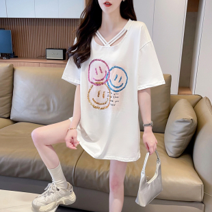 纯棉遮屁股上衣服V领独特别致短袖t恤女夏天新品爆款显瘦正肩体恤
