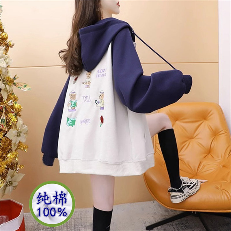 纯棉遮屁股流行卫衣女春秋中长新爆薄款初高中大学生连帽开衫外套