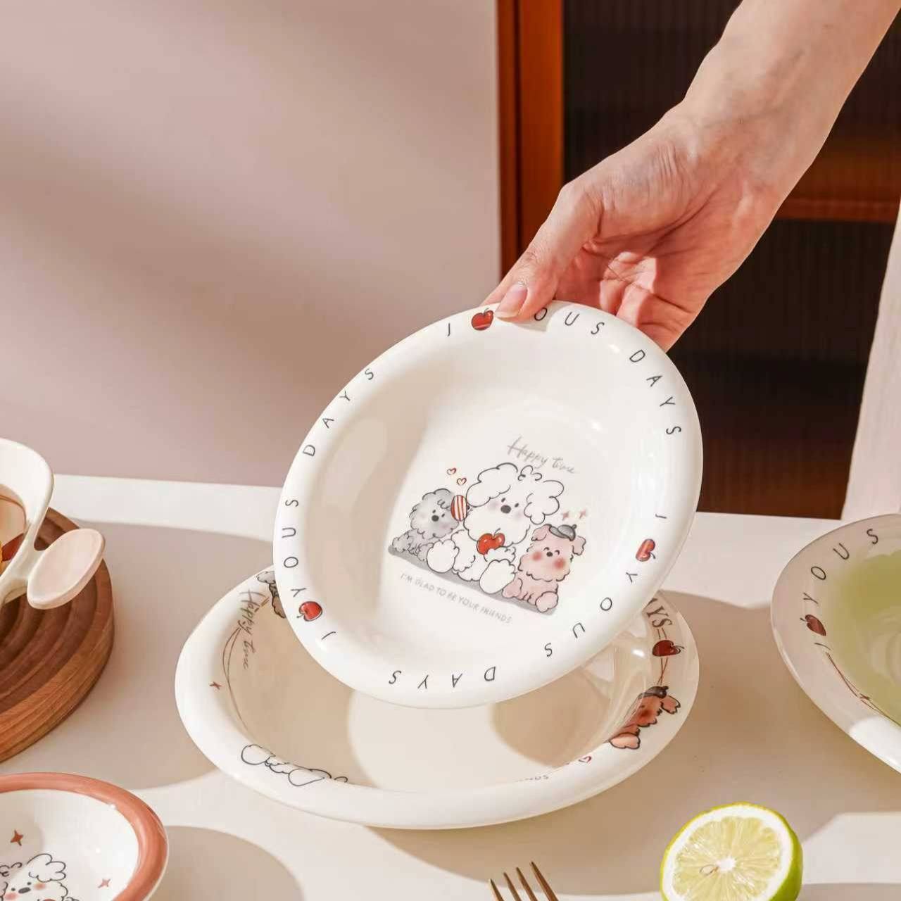 釉下彩盘子卡通陶瓷可爱布丁狗家用菜盘高颜值ins餐具甜品早餐盘,餐饮具,盘,淘宝优惠券,粉丝福利购,淘宝优惠卷