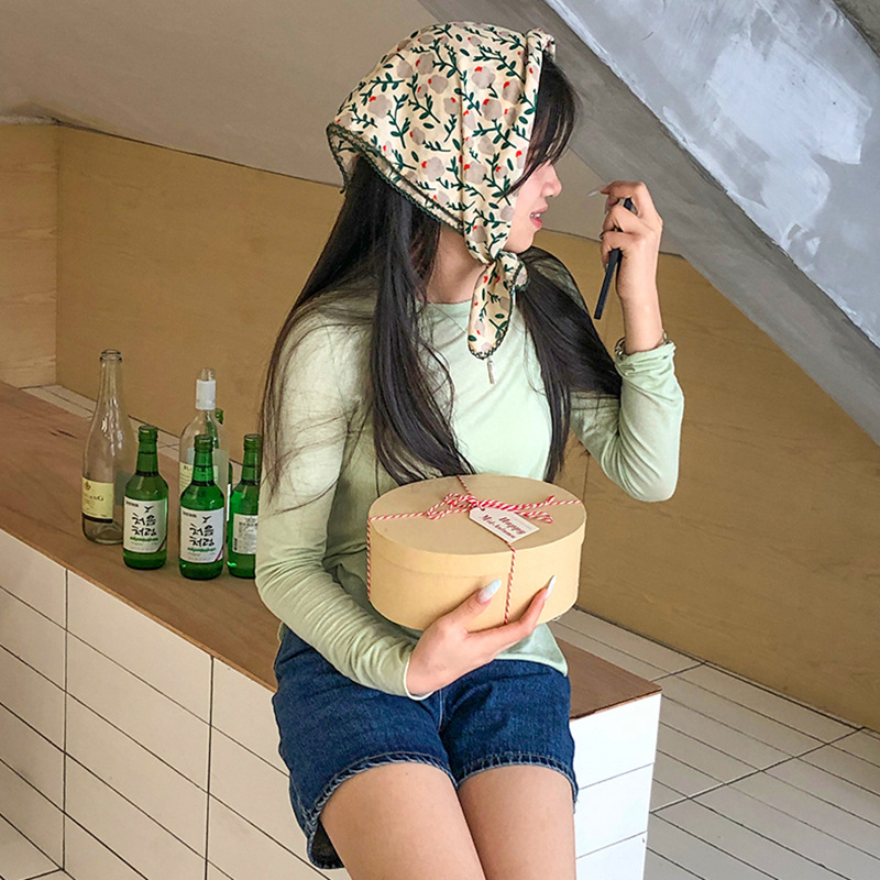 新款 2024头巾夏女田园68cm三角巾可绑发绿丝巾方巾棉麻女士