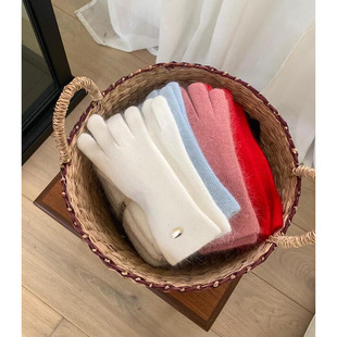 纯色百搭女学生情侣抗冻防寒可触屏毛线针织手套秋冬保暖兔毛五指