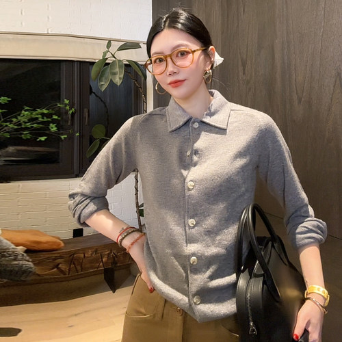 LUNA“ROW高级度”通勤羊毛灰色修身针织polo衬衫