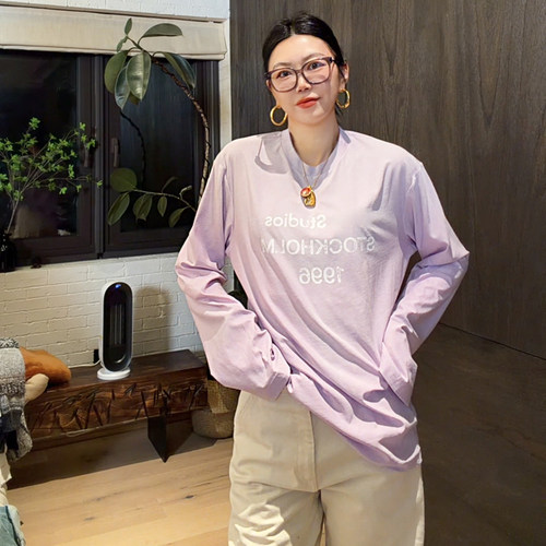 LUNA“小紫”ACE亚麻复古做旧字母印花长袖T恤