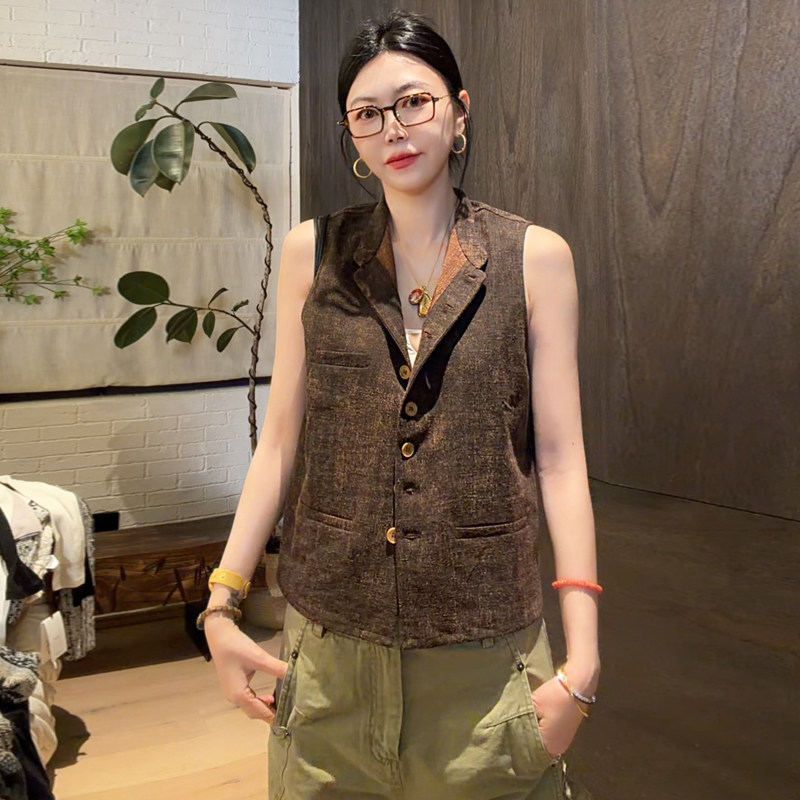 LUNA“古董面料”香云纱汉麻复古粗花工装马甲