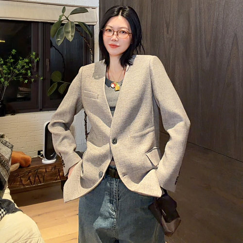 LUNA“西装梦完成”无领麻灰色羊毛高定西装