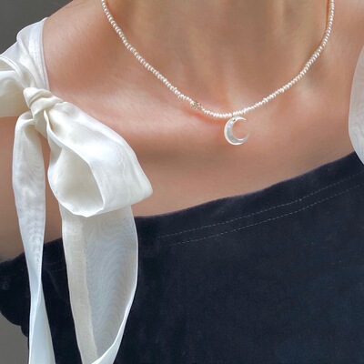 白月光蝶贝珍珠项链 手作美国14k金月亮月牙天然锁骨链女仙气贝母