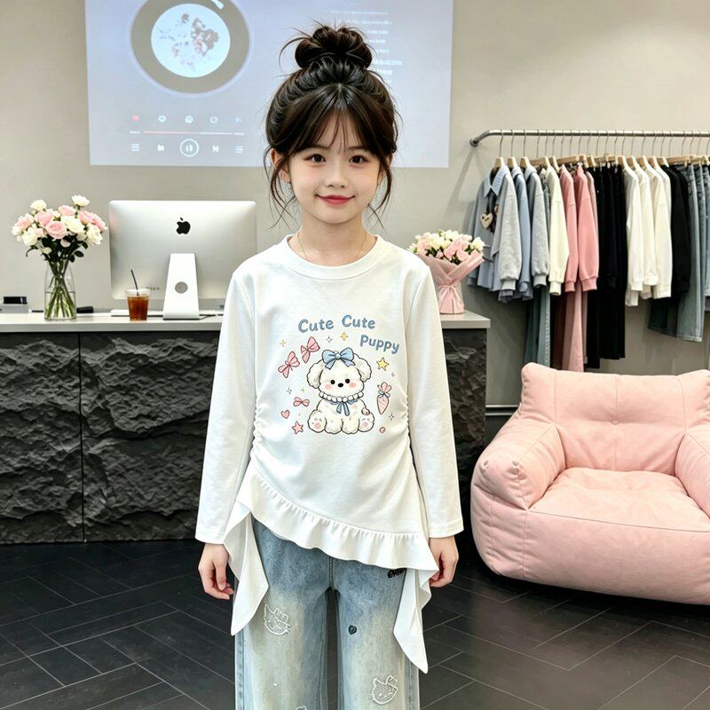 纯棉女童不规则长袖T恤2026春秋中大童洋气小狗印花内搭上衣