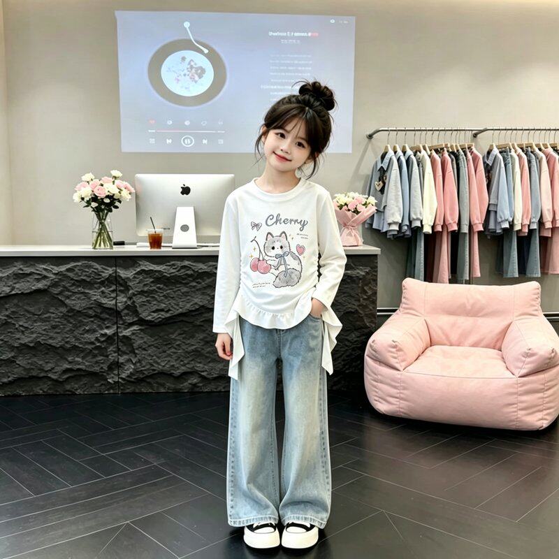 女童蝴蝶结小猫长袖T恤纯棉2026春秋新款洋气印花内搭上衣
