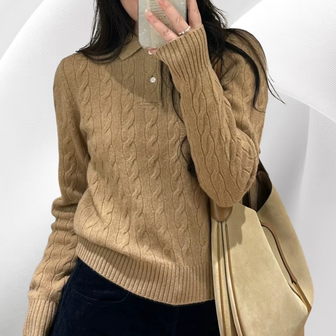 绞花编结Polo针织衫女款2025新款羊毛衫长袖翻领羊毛毛衣宽松