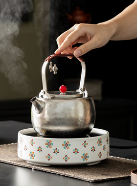 复古陶瓷电陶炉白色宝相花电陶炉加热炉钛烧水壶煮茶套装家用茶具