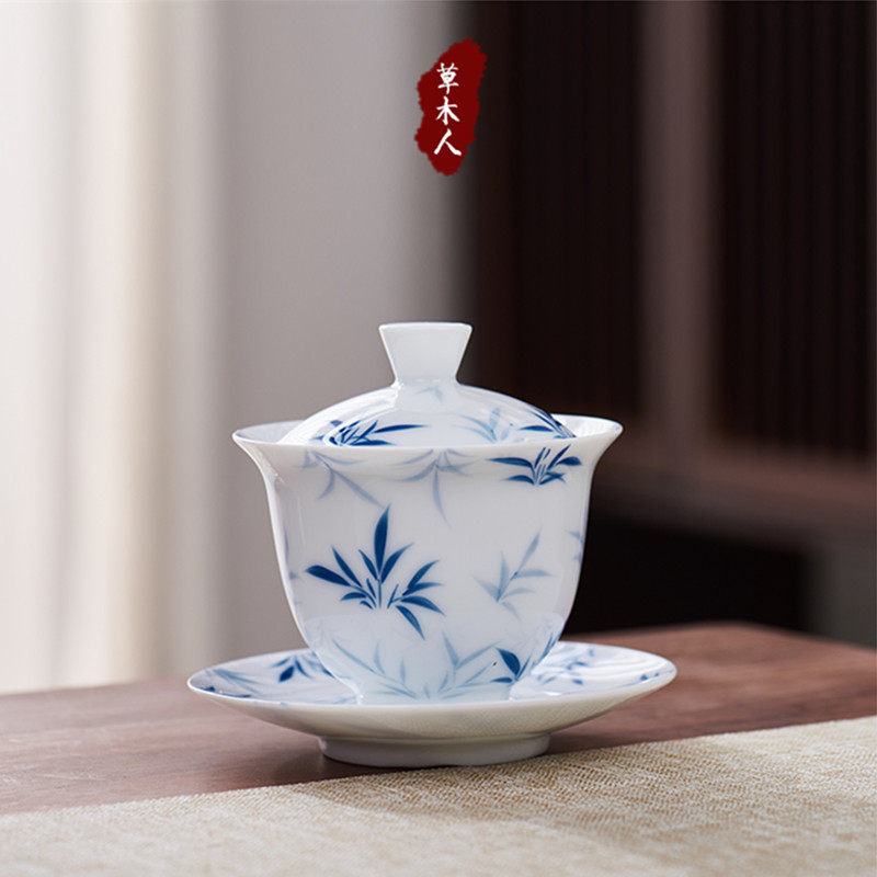 景德镇手绘白瓷功夫茶具套装家用客厅陶瓷三才盖碗茶杯泡茶敬茶碗