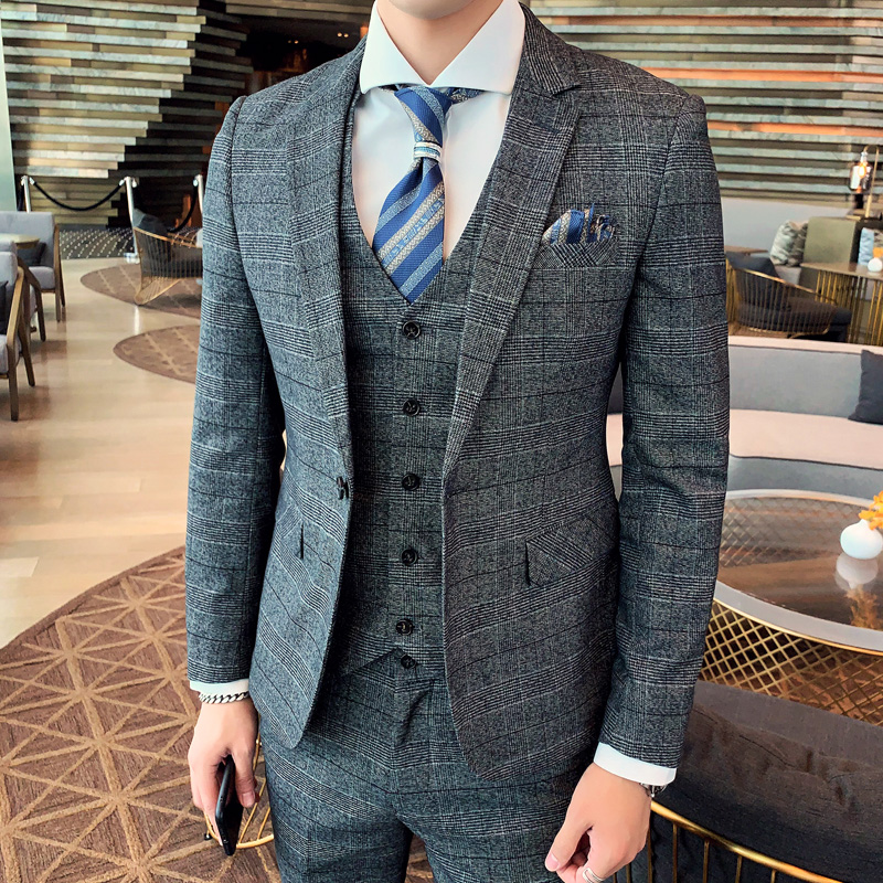 韩版休闲千鸟格子西服套装男士修身职业装英伦小西装新郎结婚礼服