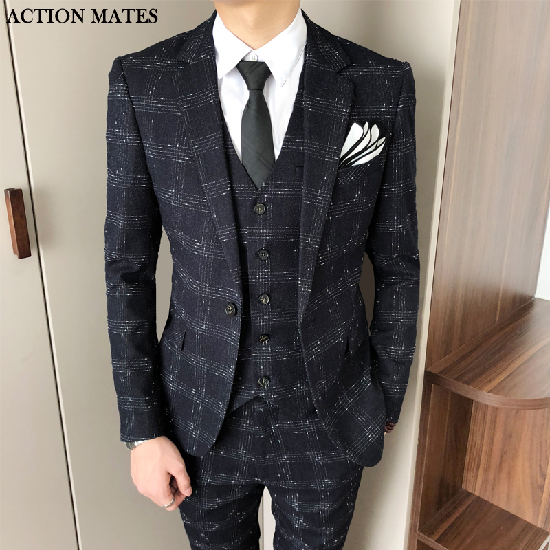 韩版西装男套装修身休闲格子西服职业装新郎结婚礼服伴郎服发型师