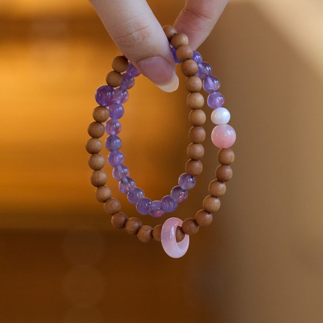 天然紫水晶手链女奶香芭比檀木新中式双圈叠戴手串高级感水晶手串