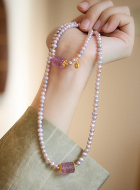 天然珍珠手链女紫色淡水珍珠高雅气质回纹路路通紫水晶手链批发