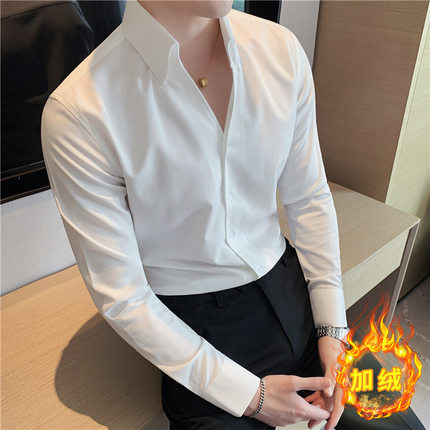 加绒加厚长袖衬衫男高端修身V领痞帅高级感保暖纯色冬季男款衬衣