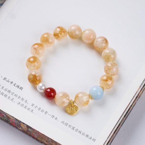 天然12MM黄水晶手链女奶盖黄阿塞新中式如意锁高级感水晶手串批发