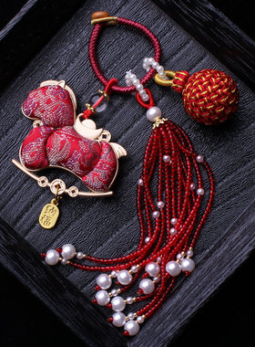 非遗宋锦双面红色小马包包挂件流苏编有球必应汉服挂饰车挂钥匙坠