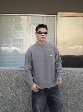 实体秋冬新品男韩系宽松圆领纯色套头保暖针织衫毛衣时尚百搭痞帅