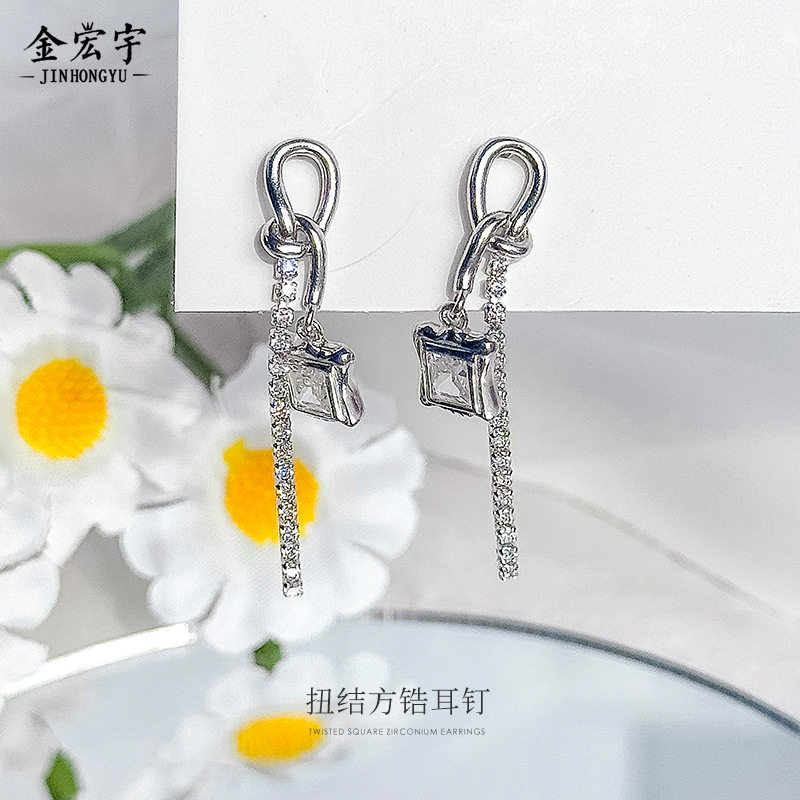 原创扭结方锆耳钉女小众设计感长款流苏耳环ins冷淡风耳坠925纯银