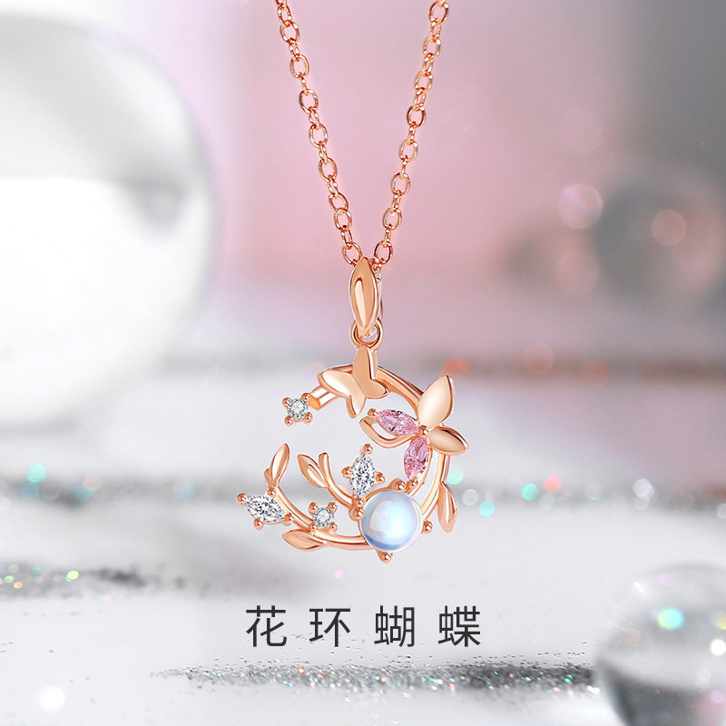 原创蝴蝶项链女925纯银百搭森系ins风玫瑰金月光石锁骨链闺蜜项饰