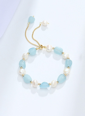 巴度天然水晶手链女淡水珍珠转运手串韩版海蓝宝珍珠滑扣手链