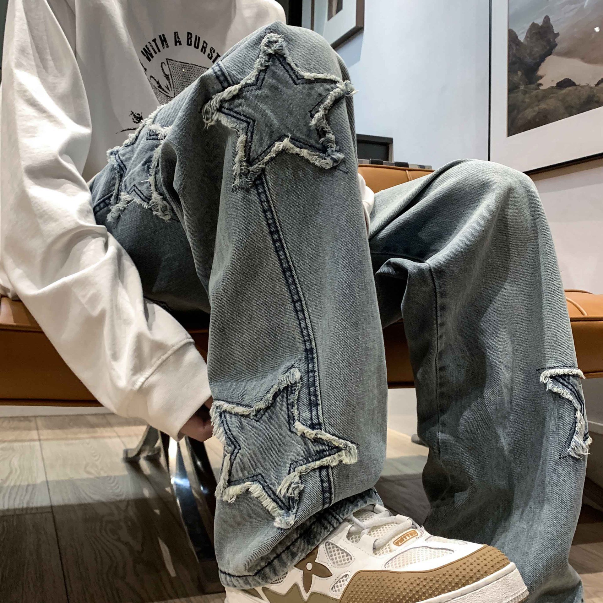 hiphop美式牛仔裤男春季设计感星星阔腿裤子微喇宽松高街直筒