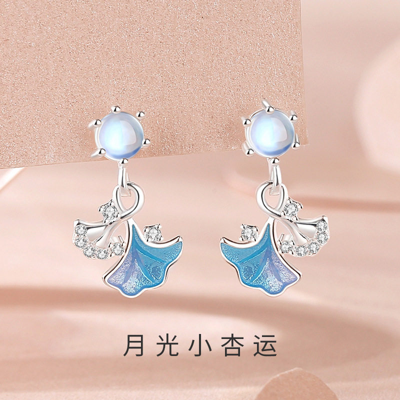 原创月光小杏运耳钉纯银森系高级感设计银杏叶耳环月光石耳饰批发