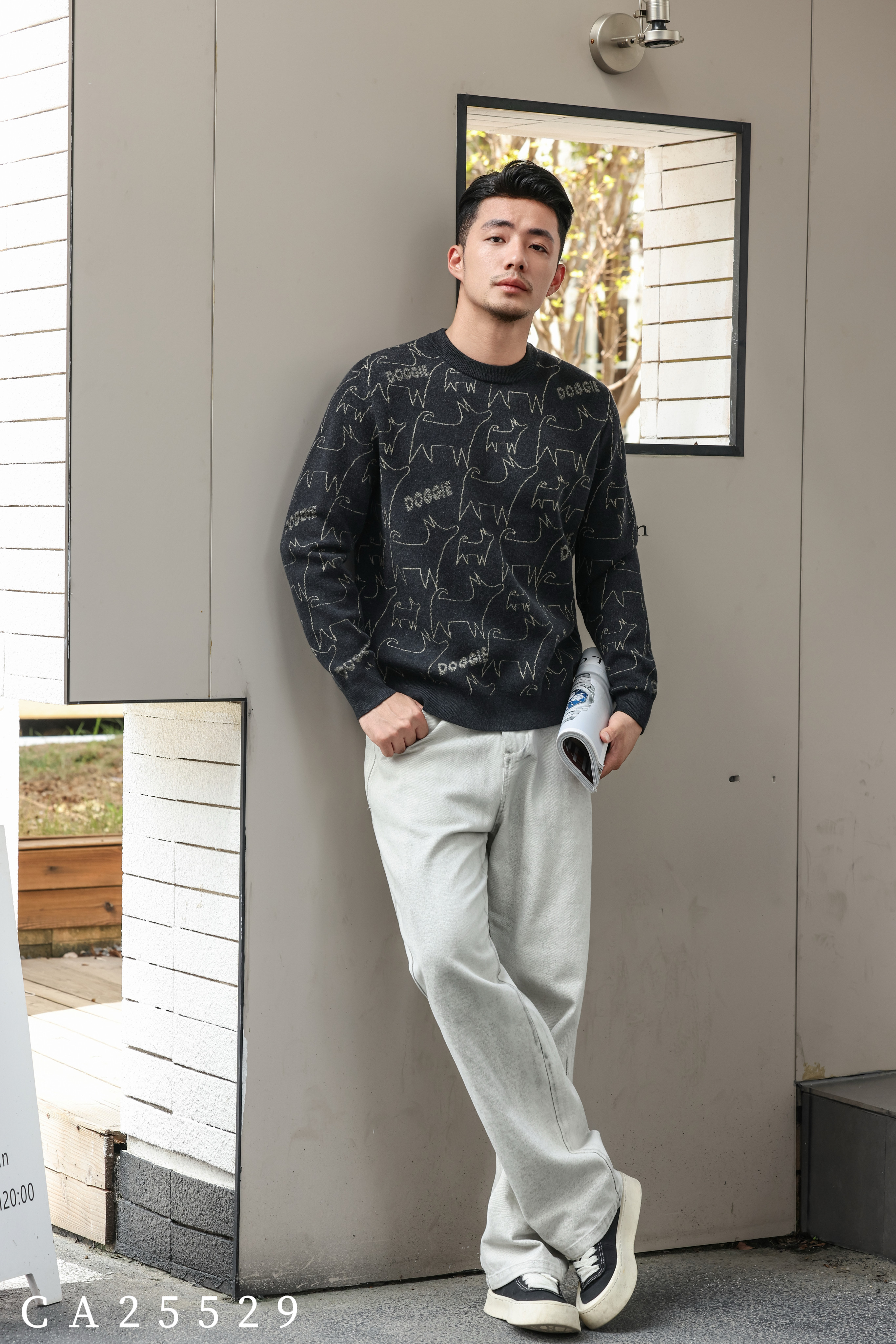 实体加厚圆领卡通图案男士内搭套头毛衣秋冬潮牌微宽松长袖针织衫