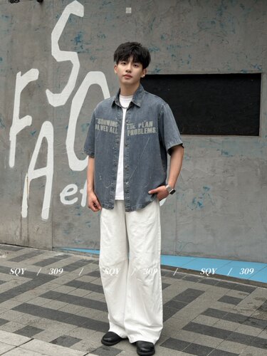 实体商场天丝牛仔短袖衬衫男士春夏季新款水洗轻薄衬衣印花外套女