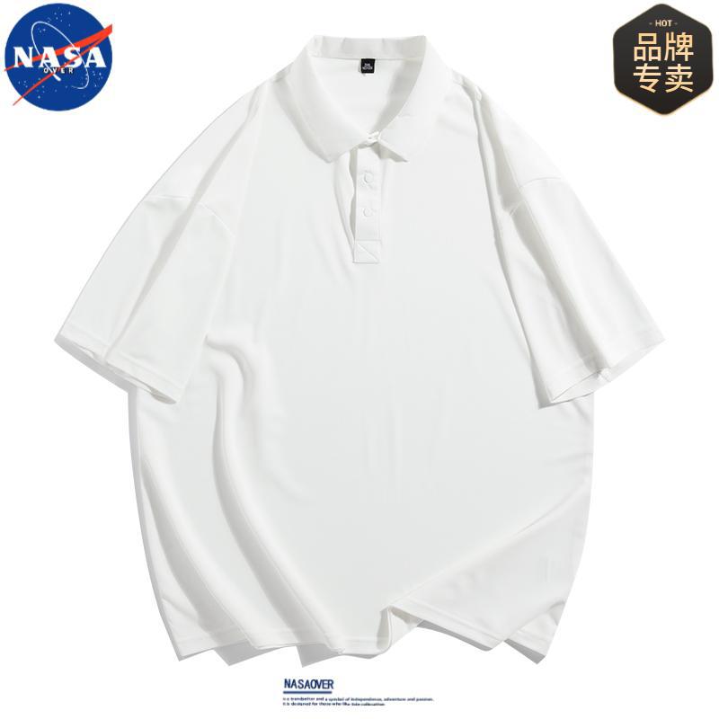NASA品牌高质量潮流简约纯色短袖男2025夏季新款宽松情侣翻领T恤