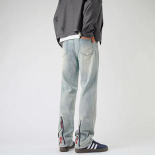 实体十字架黑微喇牛仔裤男款秋冬季欧美高街vibe风裤子潮牌直筒裤