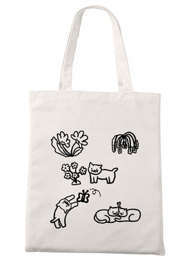 小众ins慵懒插画小猫玩耍可爱趣味托特包单肩环保装书零食拉链帆