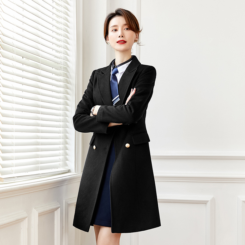 冬季加厚黑色双排扣女大衣中长款商务职业装工装毛呢外套物业前台