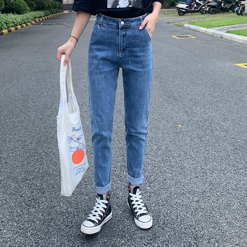 蓝色哈伦牛仔裤女春秋2025新款高腰小个子修身显瘦胖mm萝卜老爹裤