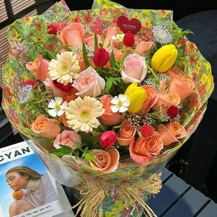2025新款油菜花油画风春日田园鲜花包装纸牛皮纸多巴胺花束包装纸
