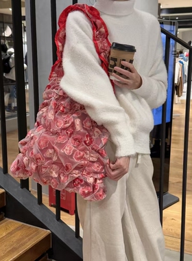 casselini日系小众设计高级感繁花刺绣褶皱单肩包托特包女大容量