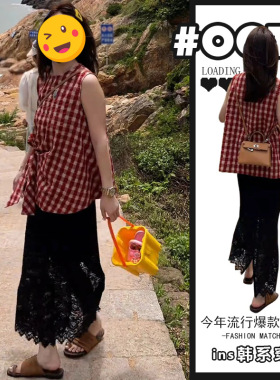 胖东来设计感别致蝴蝶结格子上衣黑色后开叉半身裙茶歇风气质两件