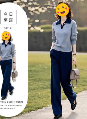 胖东来单件/2025秋冬设计感撞色拼接polo领毛衣高腰阔腿裤港味别