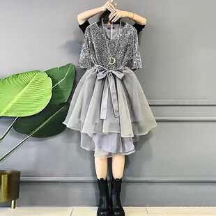 胖东来2025夏季新款小香风亮片拼纱网纱连衣裙女收腰显瘦大码中长