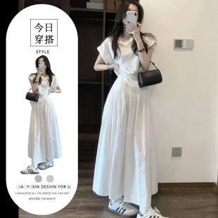 胖东来休闲风荡领短袖白色套装女2025年夏季别致老钱风上衣半身裙