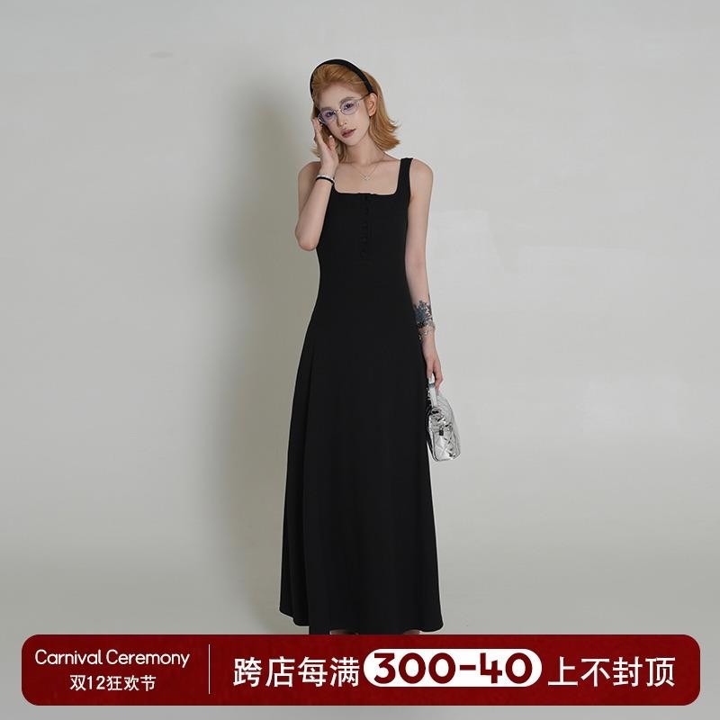 吴童童 黑色方领无袖背心连衣裙女夏季韩系简约修身收腰长款裙子
