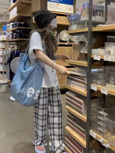 女士ins休闲格子阔腿裤睡裤大码