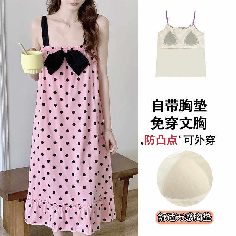 纯棉睡衣女款夏天带胸垫薄款吊带睡裙女夏季蝴蝶结防凸点连衣裙子