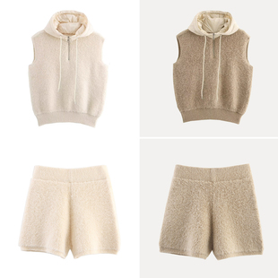 柜329！2025年夏季新款女装欧美时尚毛巾拼接半拉链连帽马甲套装