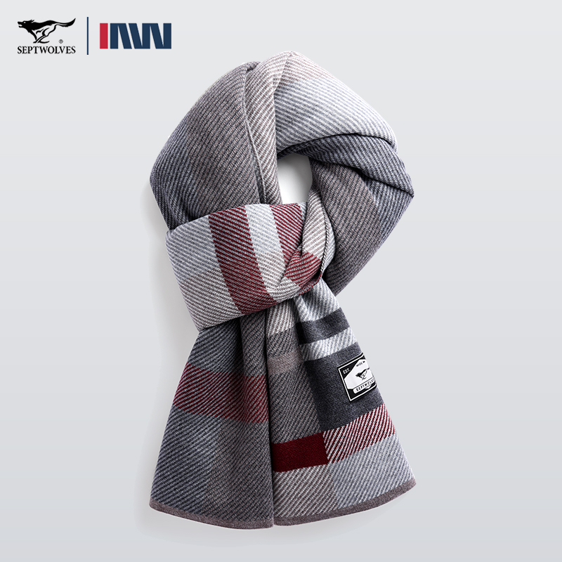 七匹狼男士围巾英伦格纹保暖围脖冬季礼物新款礼盒装送男友送老公